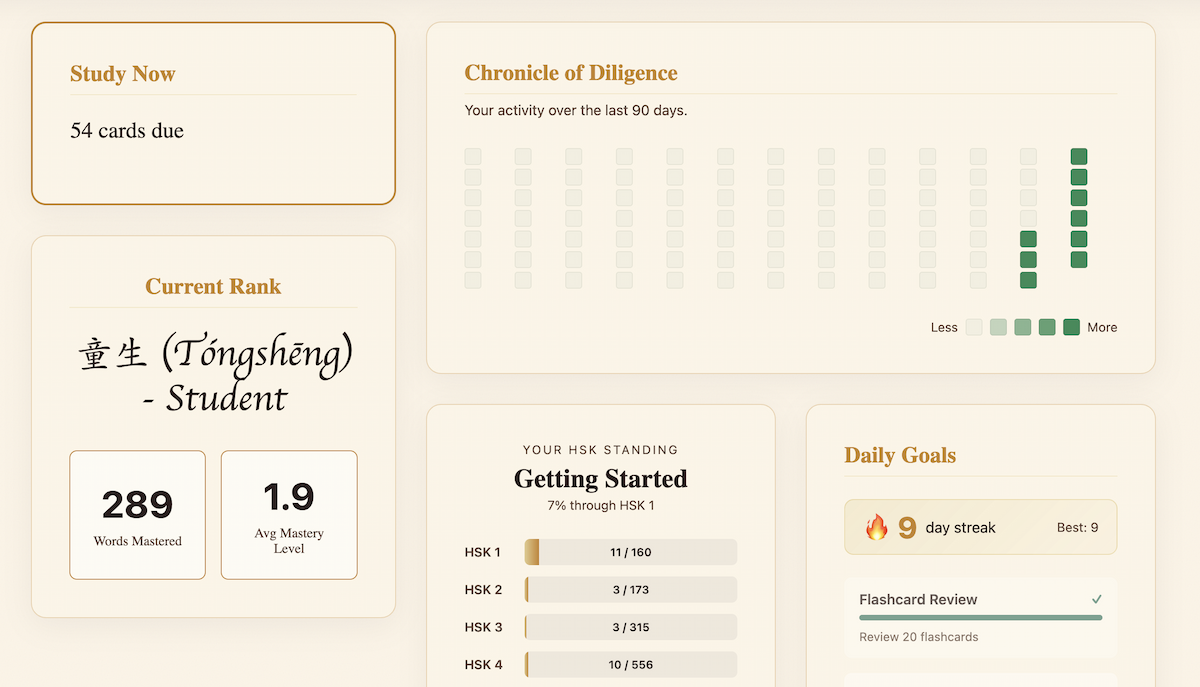 HanziForge dashboard showing vocabulary tracking, flashcard review, and activity heatmap